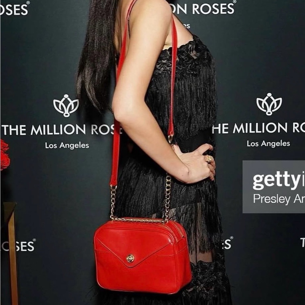 Rough Roses Red Leather Crossbody Bag with Gold Chain